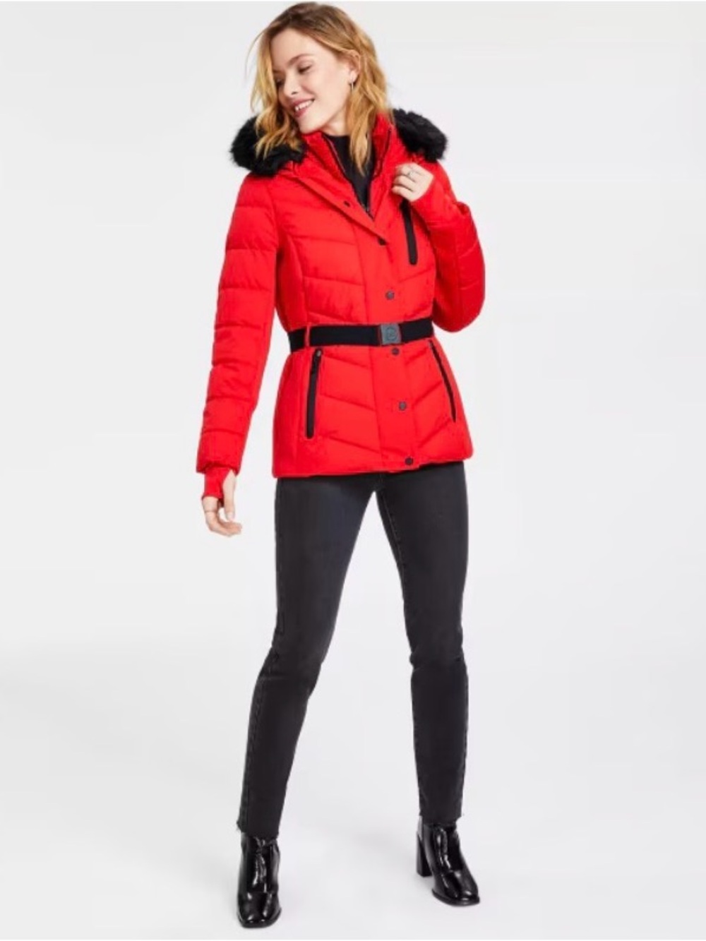 NWT Michael Kors Red Puffer Detachable Faux Fur Trim Belted Hooded Jacket Sz M